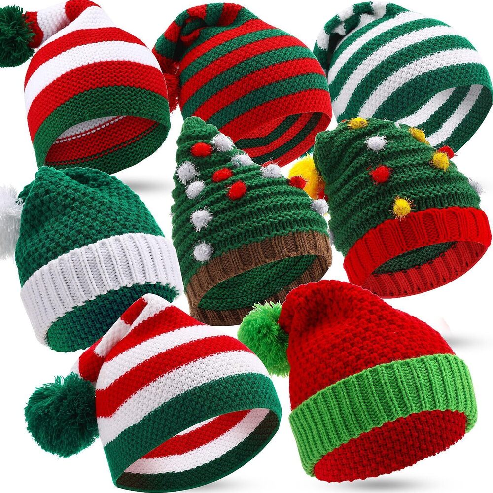 4318 8 Pcs Santa Hats Adult Christmas Winter Knitted Beanie Hats with Pom